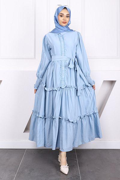 İmajButik Baby Blue Front Embroidered Waist Belted Dress