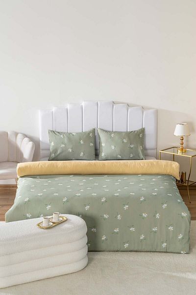 Rivaİstanbul Σετ Παπλωματοθήκη Green Daisy - Διπλό Βαμβακερό