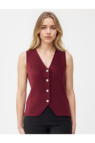 Jimmy Key Burgundy Slim Fit Shiny Button Detailed Knitwear Vest