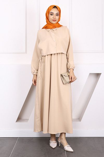 İmajButik Beige Shirt Sweater Dress Combination Set