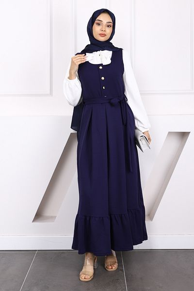 İmajButik Navy Blue Belted Blouse Combination Gilet Dress