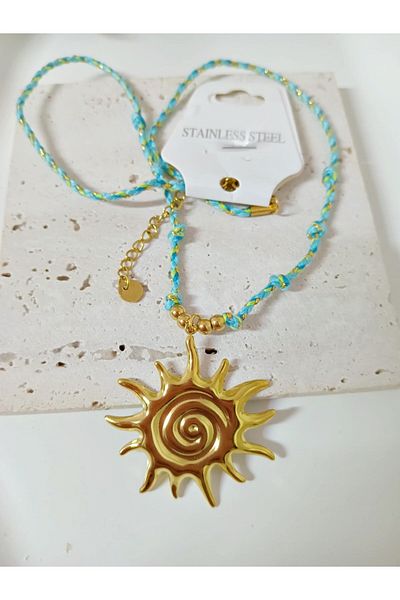 mos&more Steel Gold Sun Blue Chain Elegant Necklace