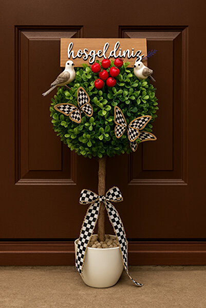 Marrone Kapı Önü Ağacı Hoşgeldiniz Kapı Şimşir Ağaç 50 cm Simli Damalı Kurdele Kelebek