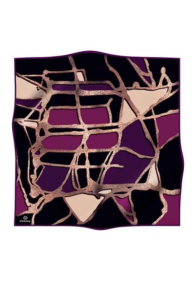 Vissona 57% Mătase 43% VISCOS Twill Mătase Efect de aur Model geometric Negru - Culoare Prune 90x90 Esarfă Di