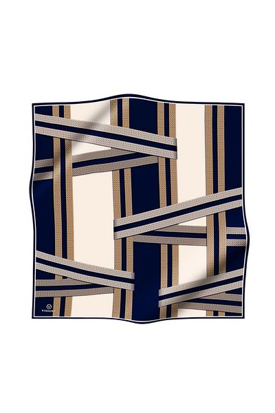 Vissona 100% twill silk geometric pattern navy blue - cream colored 90x90 scarf sewing method: hand stitching