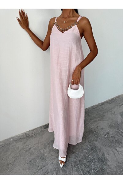 Esinty فستان كتان نسائي بتفاصيل حلقة على الصدر من تريند