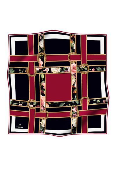 Vissona 100% Twill Silk Stripes Belt and Flower Patterned Burgundy - Black Colored 90X90 Scarf Sewing Shape: Hand