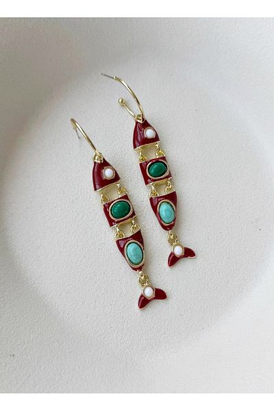 mos&more Steel Fish Earrings, Beaded Burgundy Elegant Earrings