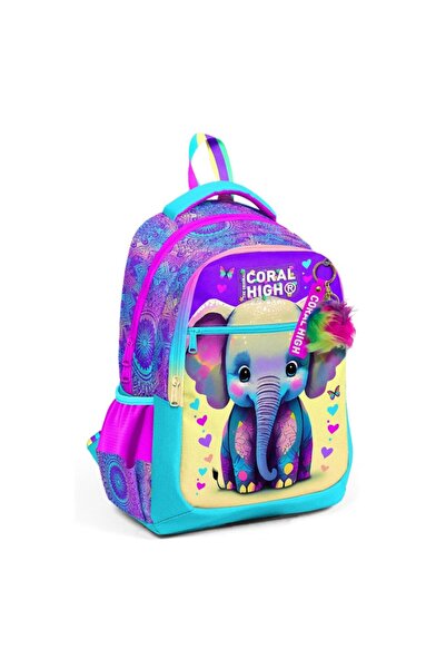 Coral High Rucsac de școală cu trei compartimente cu model elefant turcoaz ro...