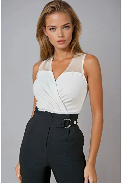 OLSAMODA Women's Tulle Detail Double-Collar Sleeveless Flexible Fabric Bluz