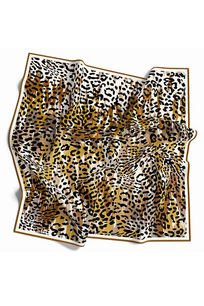 VİOLLA Eșarfă din twill de culoare muștar cu imprimare de leopard 90x90 - fără mătase, cusută manual