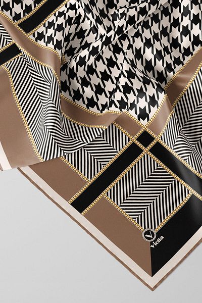 VİOLLA Beige Twill Houndstooth Print 90X90 Silk Free Scarf - Edge and Hand Stitched