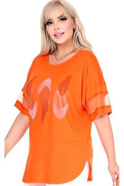 Kheos Stone Printed Leaf Pattern Tulle Striped Short Sleeve Round Neck Comfortable Lycra Flexible Plus Size Blouse