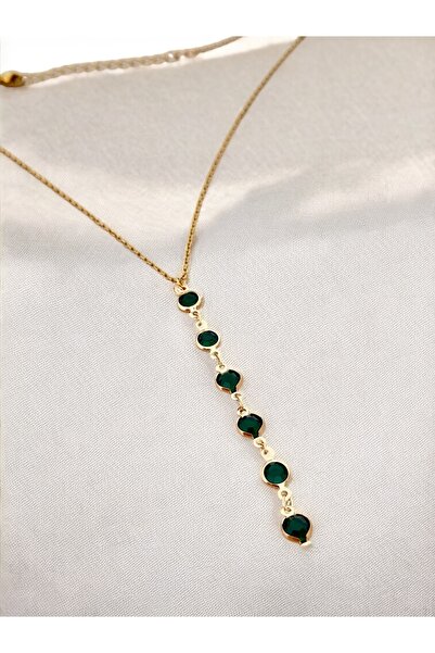 MAC CENTER Row Green Stone Steel Y Steel Women's Necklace-Women's Necklace -W...