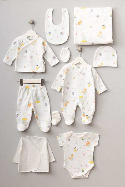Bebitof My Baby Kumsal 100% Cotton 10 Pack Hospital Release New Cute Fox Patterned Ecru 10112