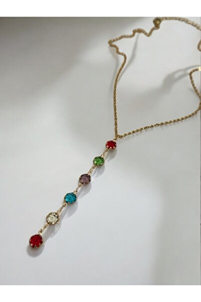 MAC CENTER قلادة نسائية من الفولاذ على شكل حرف Y مرصعة بالأحجار الملونة - قلادة نسائية - قلادة نسائية - قلادة فولاذية - معبأة كهدية