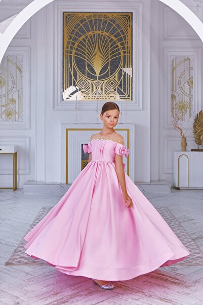 By Feyza Kids Collection By Feyza Kız Çocuk Kabarık Abiye Elbise İnci Tüllü Kuyruklu Taşlı Saten Pembe 7-14 Yaş