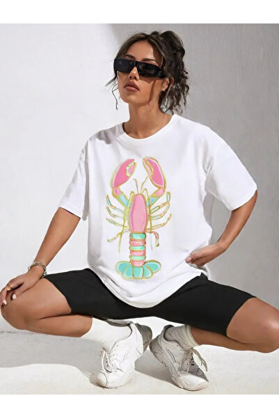 Tubinyoo تي شيرت وردي كبير الحجم مطبوع عليه لوبستر للجنسين