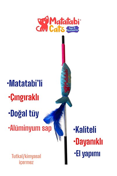 MATATABİ CATS Jr.fish Sesli, Tüylü Peluş Kedi Oltası 50 Cm Kedi Oyuncağı(KEDİ...