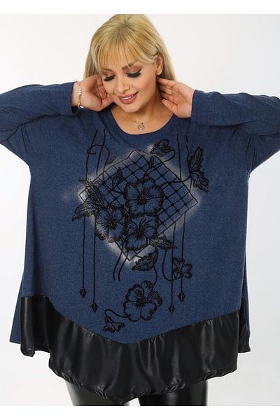 Kheos Round Neck Long Sleeve Blouse with Leather and Floral Stone Embroidery Skirt