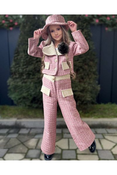 By Feyza Kids Collection By Feyza Girl's Pink Plaid Jacket, Pants Suit-Hat, Rose Brooch Included - Winter Classic Combination