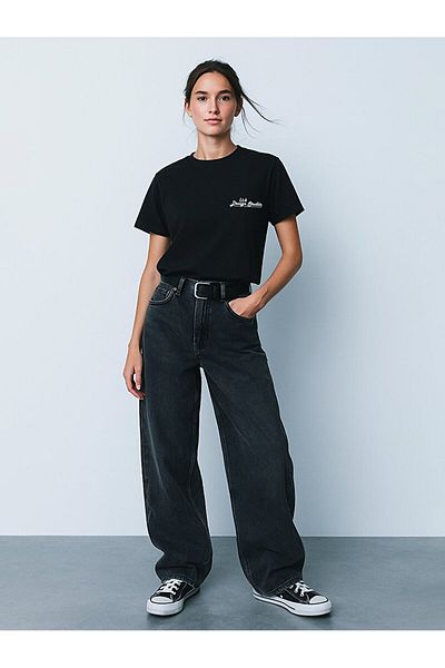 Ltb Back Printed Basic Short Sleeve Regular Black T-Shirt