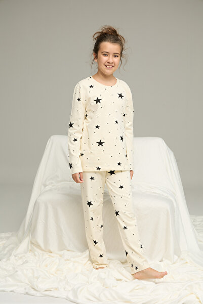 Siyah İnci ekru yıldız desenli Pamuklu Bisiklet Yaka Örme Pijama Takım25241151