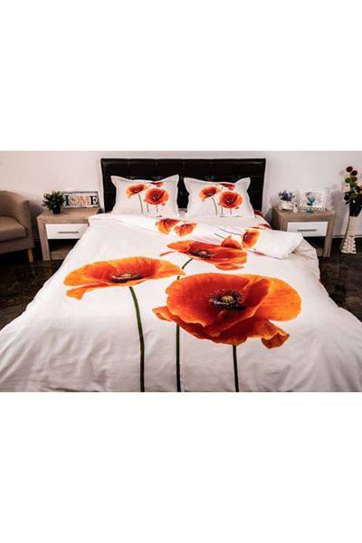 Ralex Double Bedding Set 4 Pieces 220 x 230 cm Digital Print 3D, White/Red Poppy Flowers Pucioasa