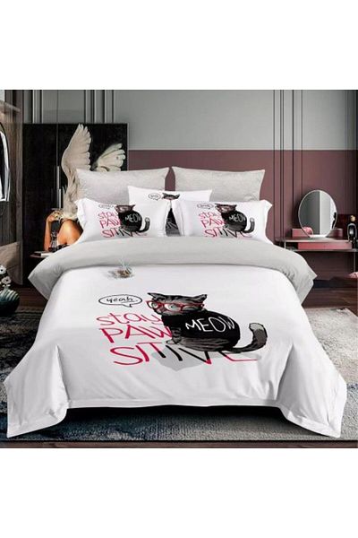 Ralex Bed linen for 1 person cotton Finet 3D 3 pieces 160 x 230 cm, Cat with glasses, White, Pucioasa F 1