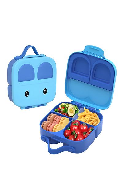 COOYA صندوق بينتو بلاستيكي للأطفال، 4 أقسام، صندوق غداء سيليكون محمول للأطفال الصغار (أزرق)