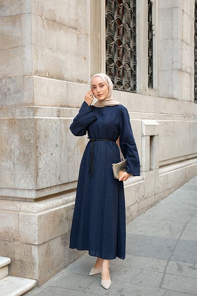 LOCCO Γυναικείο Πλεκτό Λινό Φόρεμα Navy Blue