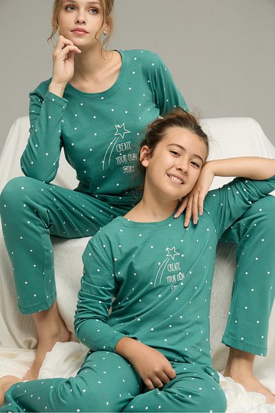 Siyah İnci Green Score Pattern Cotton Crew Neck Knitted Pajamas Suit25241154