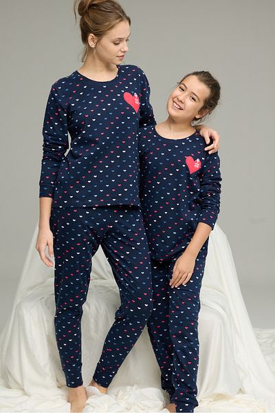 Siyah İnci Navy Blue Heart Patterned Cotton Crew Neck Knitted Pajamas Suit25241145