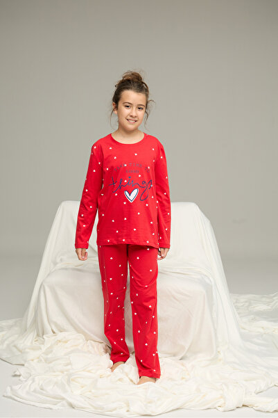 Siyah İnci Red Heart Pattern Cotton Crew Neck Knitted Pajamas Suit25241158
