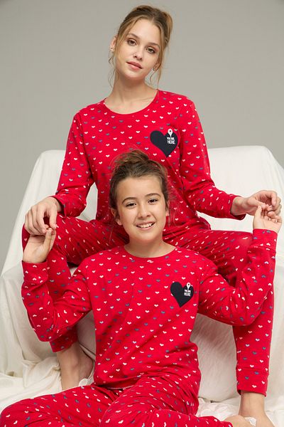 Siyah İnci Red Heart Pattern Cotton Crew Neck Knitted Pajamas Suit25241153