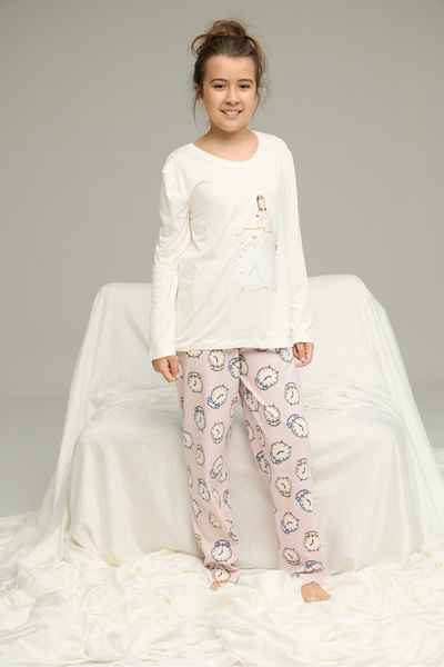 Siyah İnci ekru pembe saat desenli Pamuklu Bisiklet Yaka Örme Pijama Takım25241152