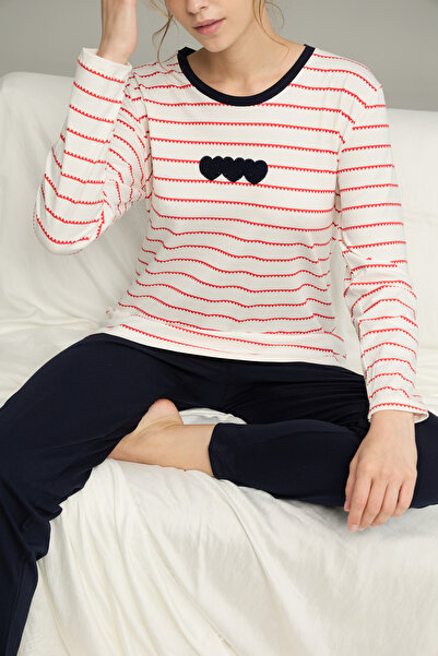 Siyah İnci Red White Heart Pattern Cotton Crew Neck Knitted Pajamas Suit25241122