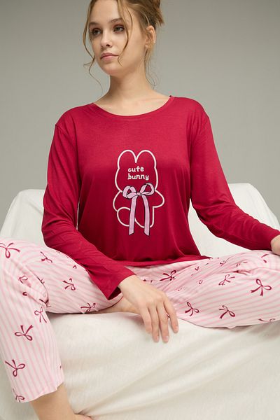 Siyah İnci Cherry Ribbon Pattern Cotton Crew Neck Knitted Pajamas Suit25241136