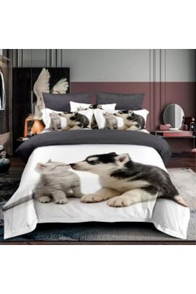Ralex Single-Person Bed Linen Cotton Finet 3D 3 Pieces 160 x 230 cm, Puppies and Kitten, White, Pucioasa F