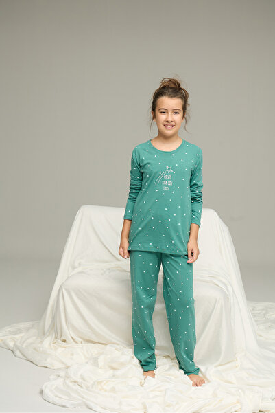 Siyah İnci yeşil puan desenli Pamuklu Bisiklet Yaka Örme Pijama Takım25241154