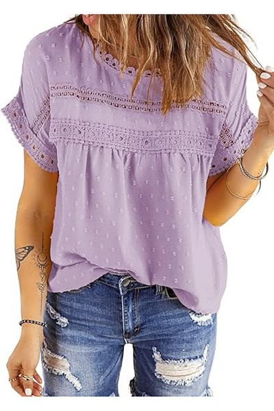 Dokotoo Women's long-sleeved crochet lace blouse, purple, S