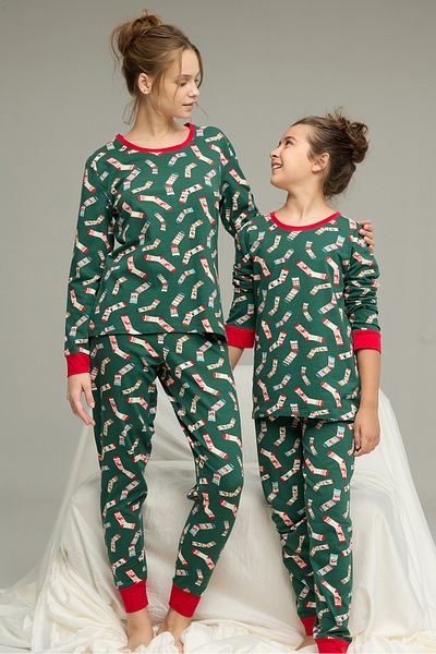 Siyah İnci Green Patterned Cotton Crew Neck Knitted Pajamas Suit25241133