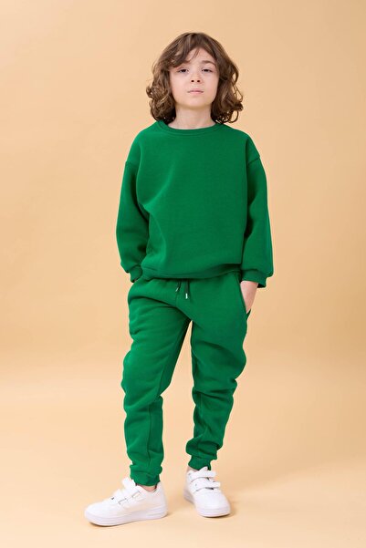 Perendi Set de trening din 2 piese pentru băieți, cu gât rotund, pentru iarnă - verde