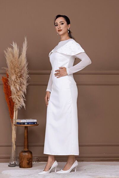 BEYBOS İnci Detaylı Kalem Elbise - BEYAZ