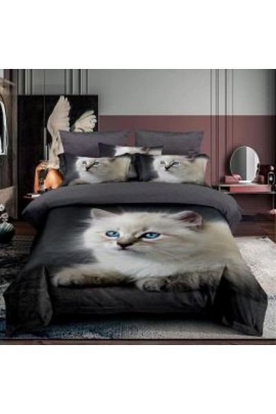Ralex Bed Linen for Single Person Cotton Finet 3D 3 Pieces 160 x 230 cm, Blue-eyed Kitten, Gray, Pucioasa