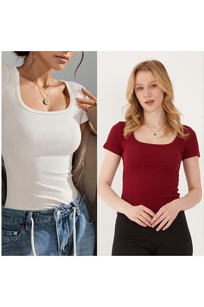 Wearflawless 2-Piece Set Camisole Fabric Ribbed Chest Low-Cut Short Sleeve Blouse, T-Shirt