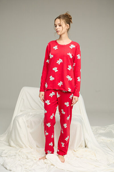 Siyah İnci Red Teddy Bear Patterned Cotton Crew Neck Knitted Pajama Set25241135