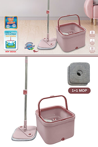 12den Flora Kare Spin Mop Set, Temiz ve Kirli Suyu Ayıran Mikrofiber Döner Temizlik Seti 1+1 Mop Pembe