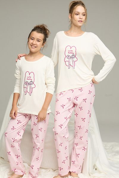 Siyah İnci Ecru Ribbon Pattern Cotton Crew Neck Knitted Pajamas Suit25241147