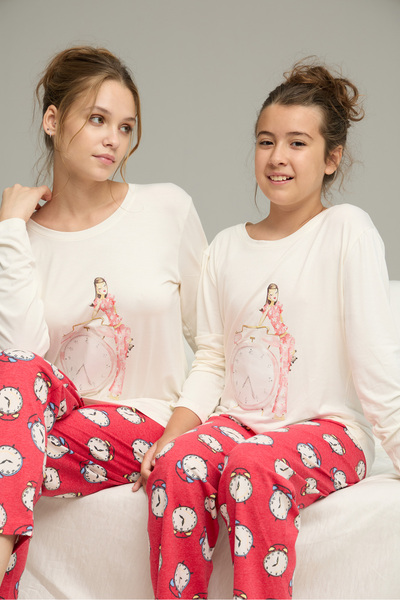 Siyah İnci Ecru Red Watch Pattern Cotton Crew Neck Knitted Pajamas Suit25241139